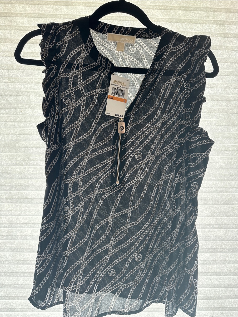 Michael Kors Black Chain-Print Sleeveless Zip-Front Blouse